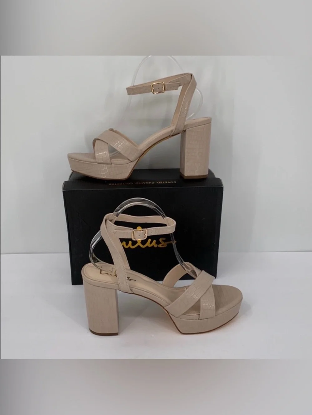 Lulus Selah platform ankle strap sandal nude tan croc heel chunky shoe new 11